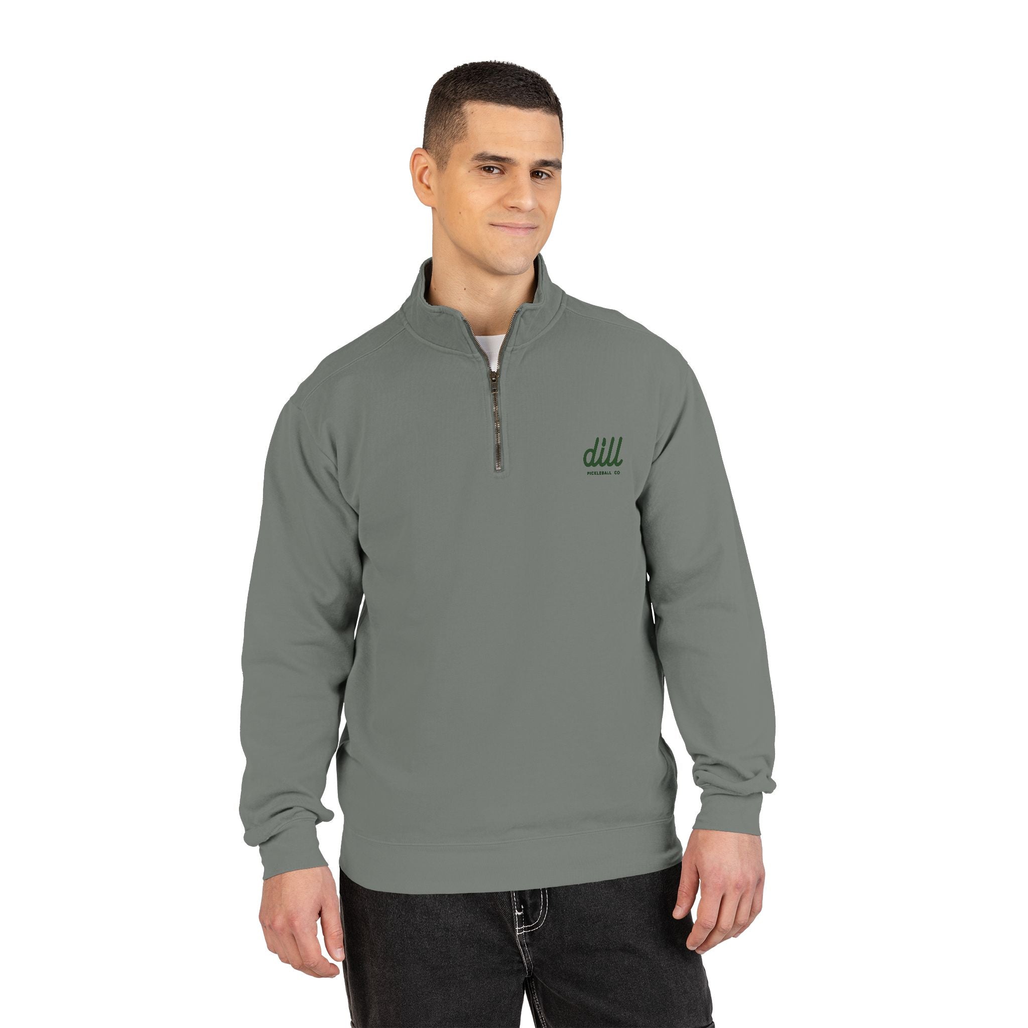 Quarter-Zip Sweatshirt — Olive Minimalist 'dll' Embroidered Pullover