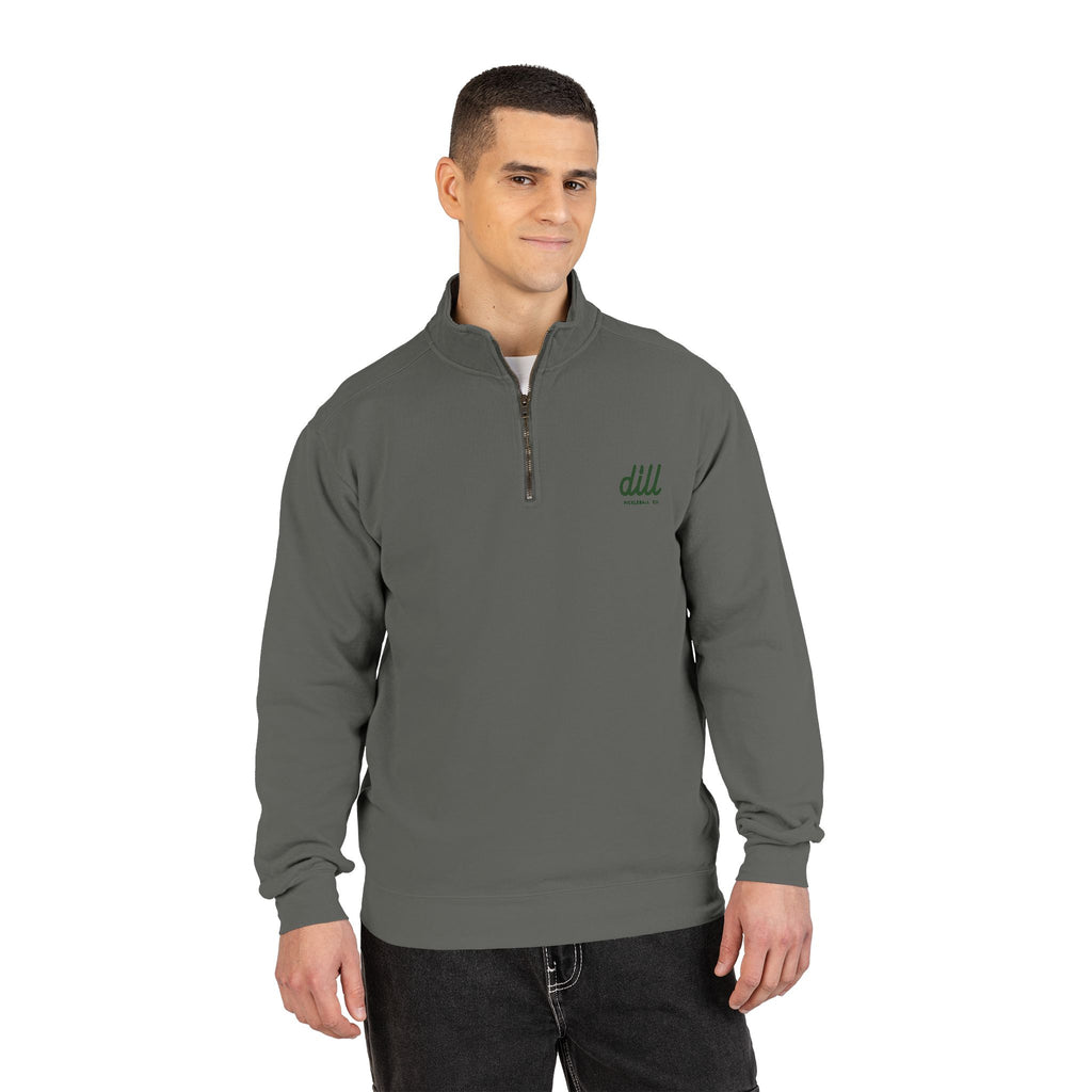 Quarter-Zip Sweatshirt — Olive Minimalist 'dll' Embroidered Pullover