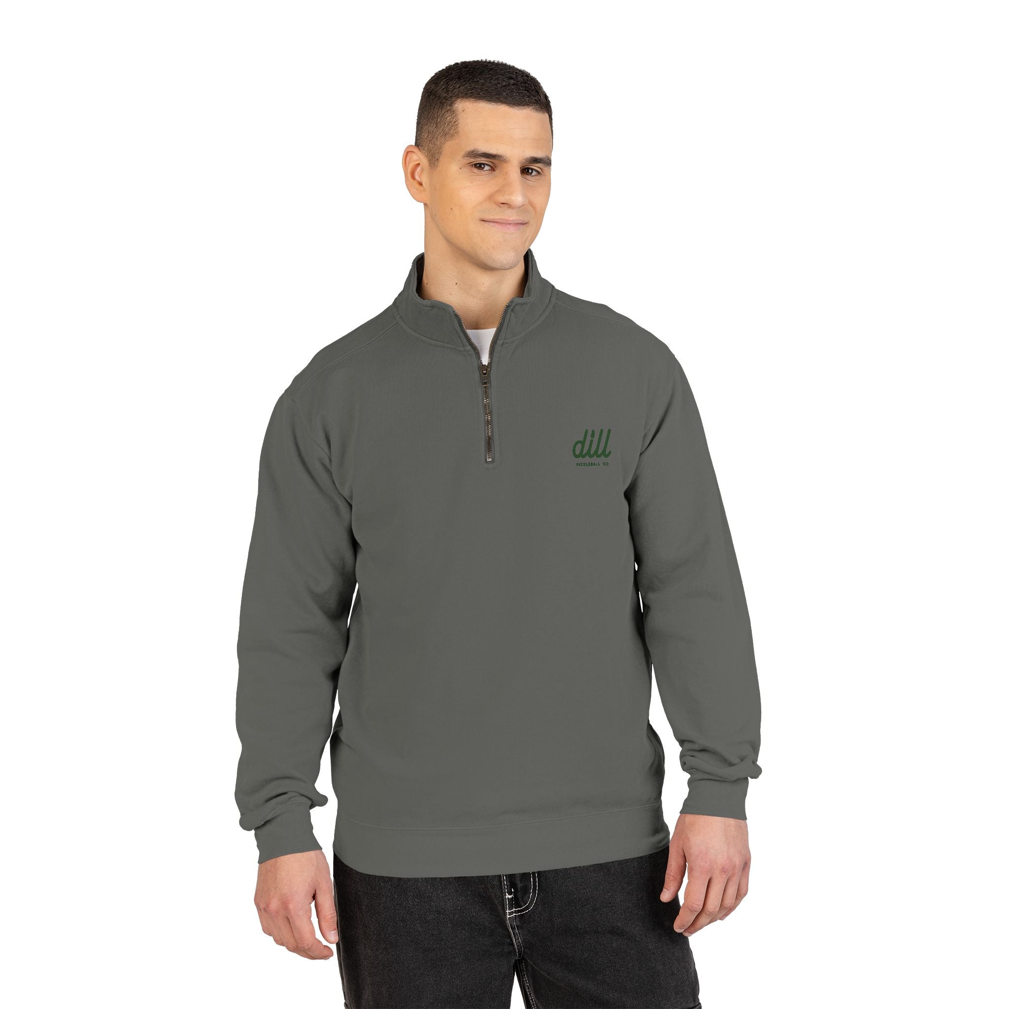 Quarter-Zip Sweatshirt — Olive Minimalist 'dll' Embroidered Pullover