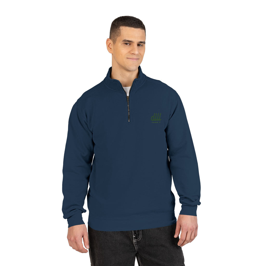 Quarter-Zip Sweatshirt — Olive Minimalist 'dll' Embroidered Pullover